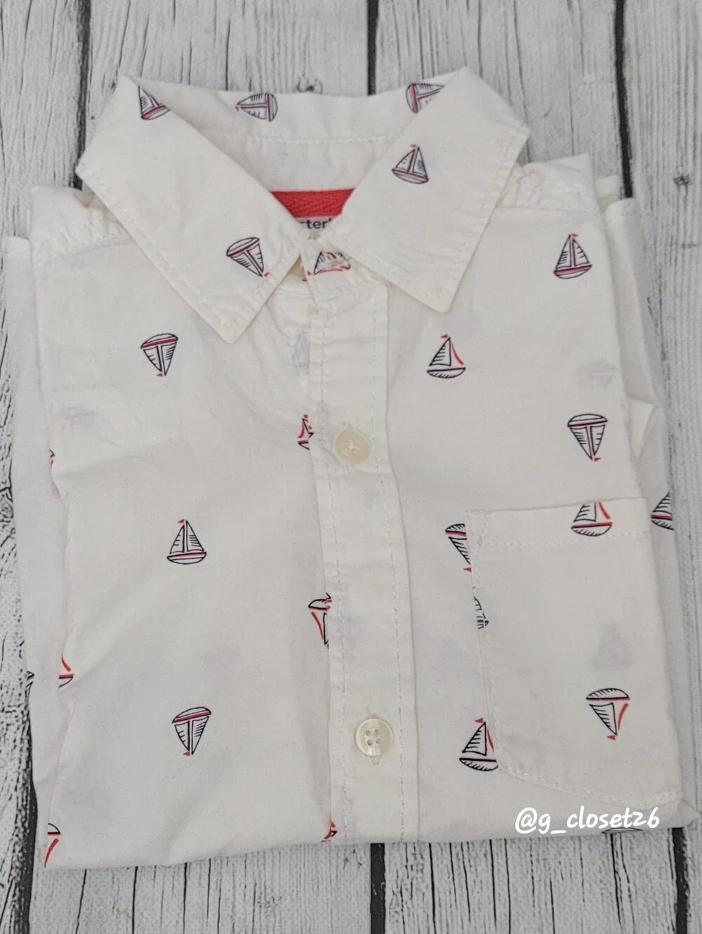 Carter's White Short-Sleeve Button-Up Shirt with Small Navy & Red Sailboat Print